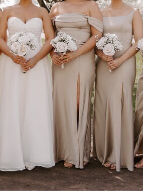 Birdy Grey Satin Off-Shoulder Bridesmaid Dress in Champagne Taupe - Mia dress